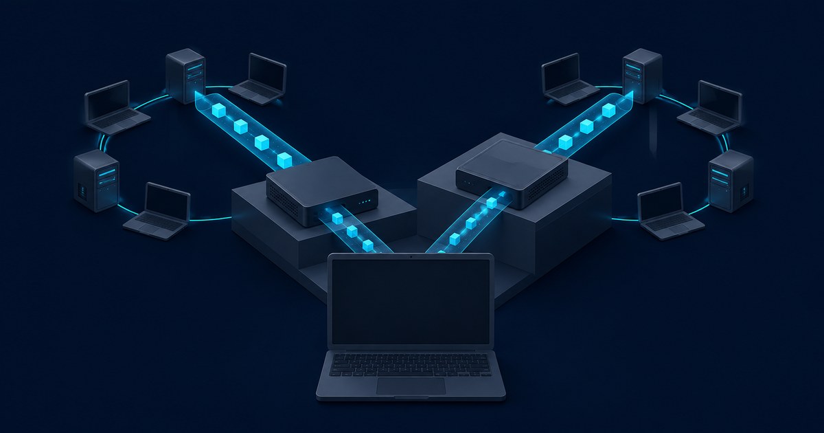 Dark 3D network scene with laptops and servers linked through two VPN routers by glowing cyan streams of encrypted data.