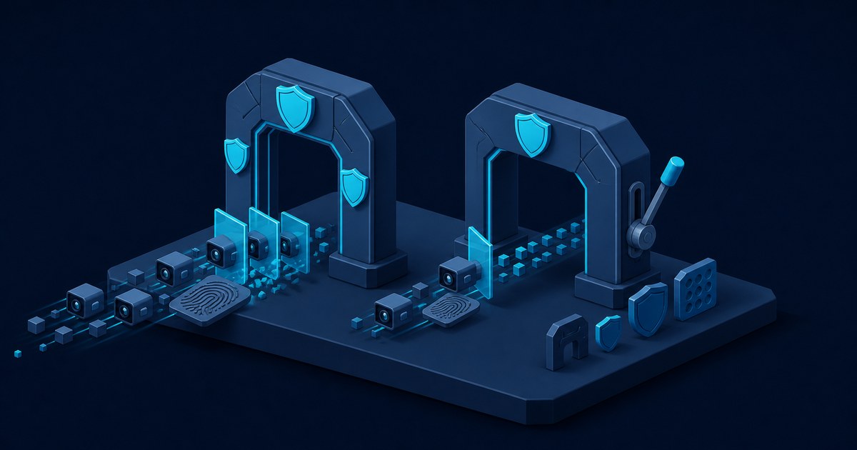 Two navy isometric gateways with glowing blue shields filter streams of tiny camera trackers and fingerprint tiles, symbolizing browser privacy defaults.