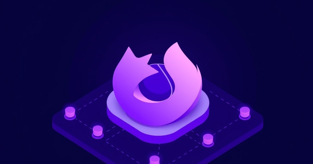 Flat isometric illustration of a purple flame-and-fox emblem on a rounded pad set into a dark violet board with glowing pins.