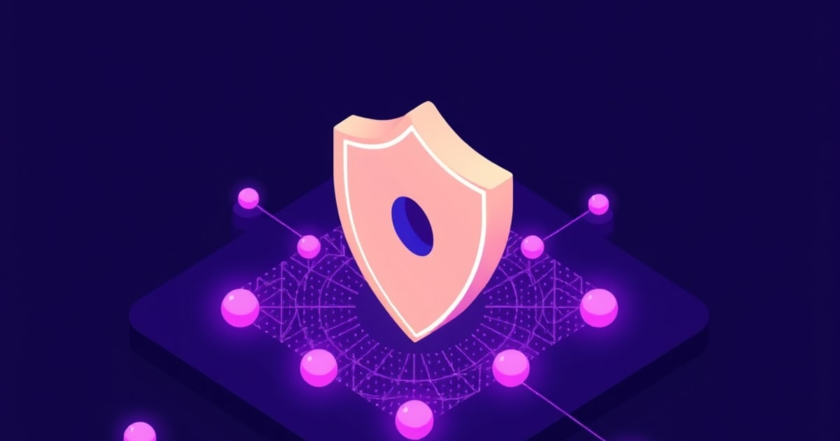 Flat isometric illustration of a pale shield with a keyhole hovering over a purple board of glowing nodes.