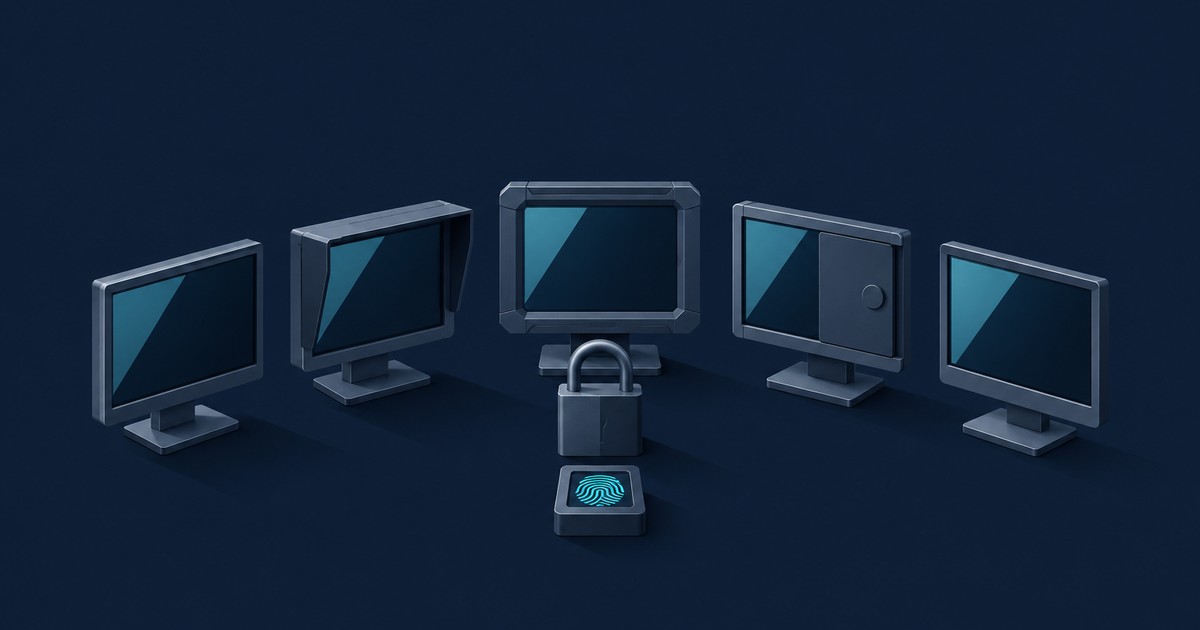 Five differently armored computer monitors arranged in an arc around a padlock and fingerprint scanner, representing private browser options by threat model