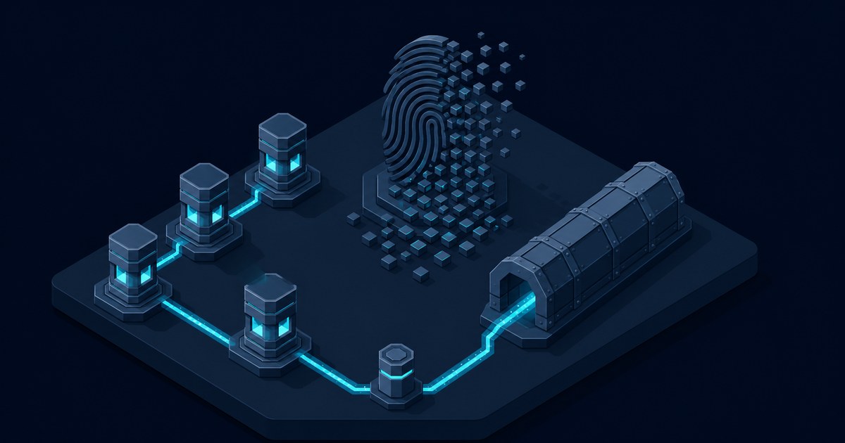 Isometric scene of glowing relay nodes routing a cyan path into an armored tunnel, with a fingerprint dissolving into cubes, evoking anonymous browsing.