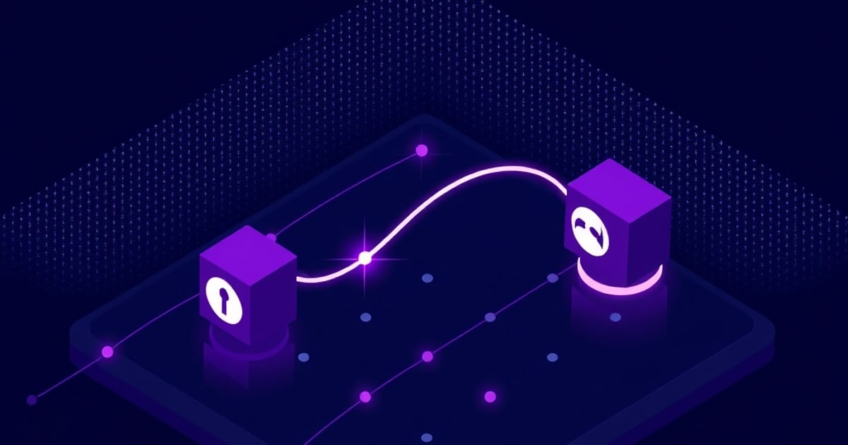 Flat isometric illustration of two purple cubes on a dark pad, the left marked with a white keyhole, joined by one glowing white curve with a bright spark