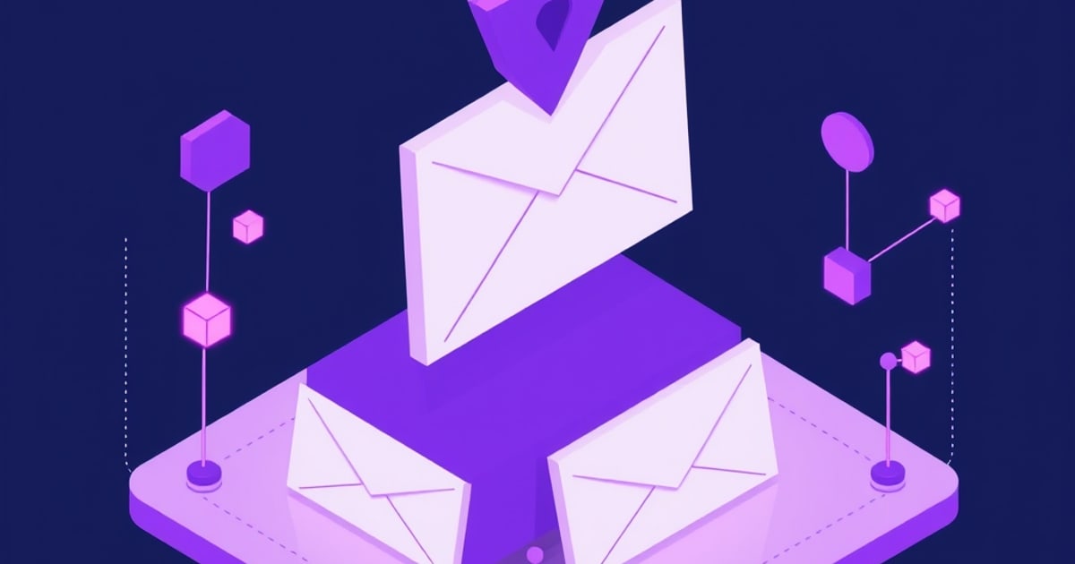 Isometric purple illustration of three envelopes on a glowing platform beneath a shield shape, linked to floating cubes, suggesting comparison of secure email services